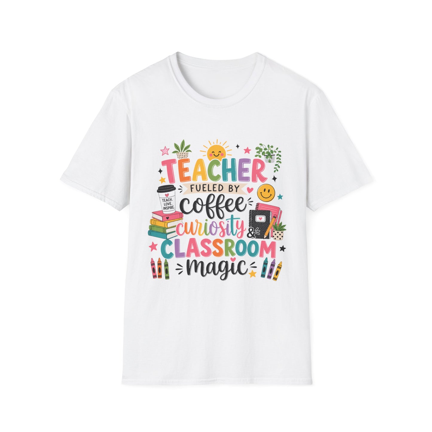 Teacher Fueled by Coffee Curiosity & Classroom Magic Shirt — Colorful Graphic Teacher Tee | EveryGen