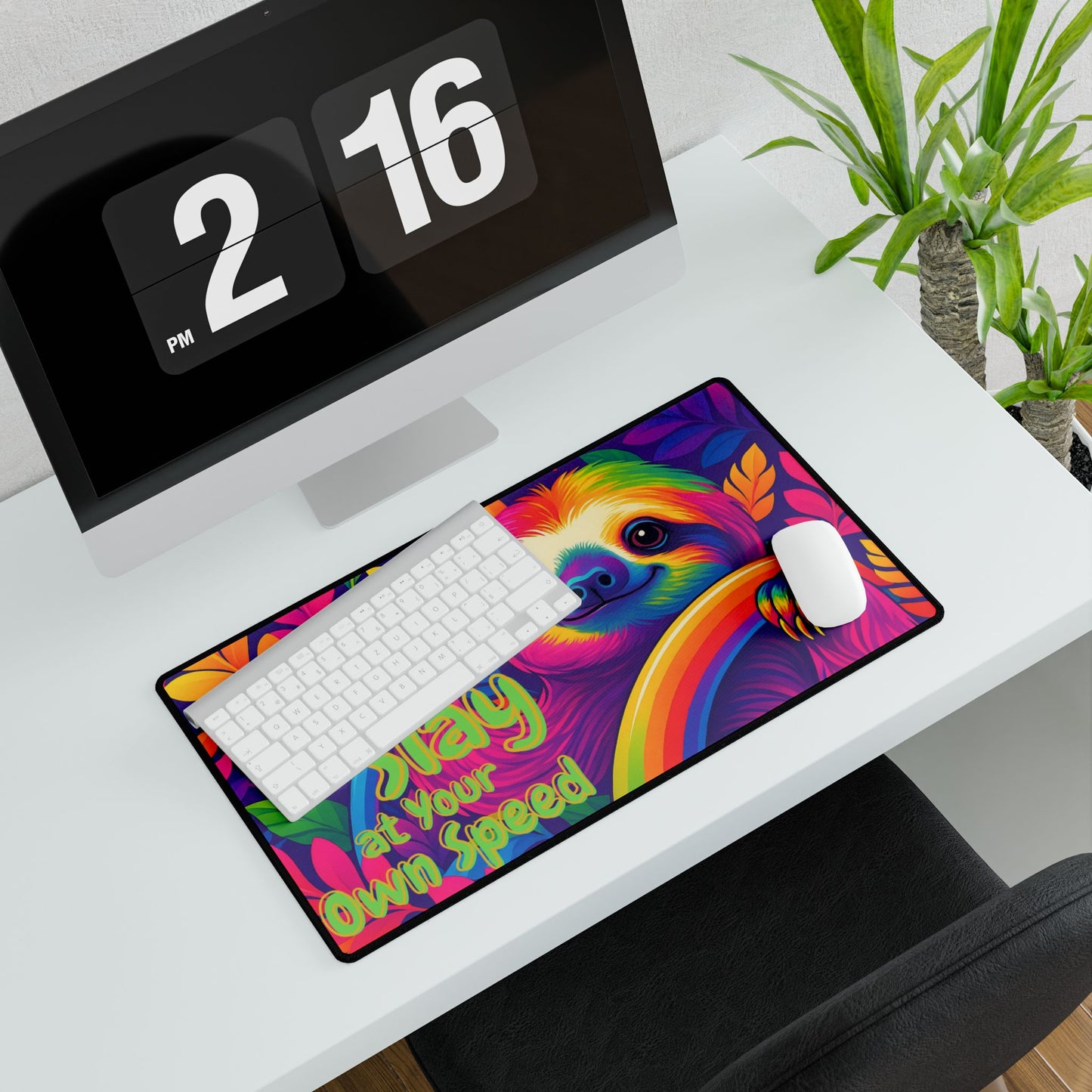 Slay At Your Own Speed Sloth Desk Mat | Lisa Frank Style Rainbow Desk Pad | 90s Aesthetic Mouse Mat | Anti-Slip Neoprene