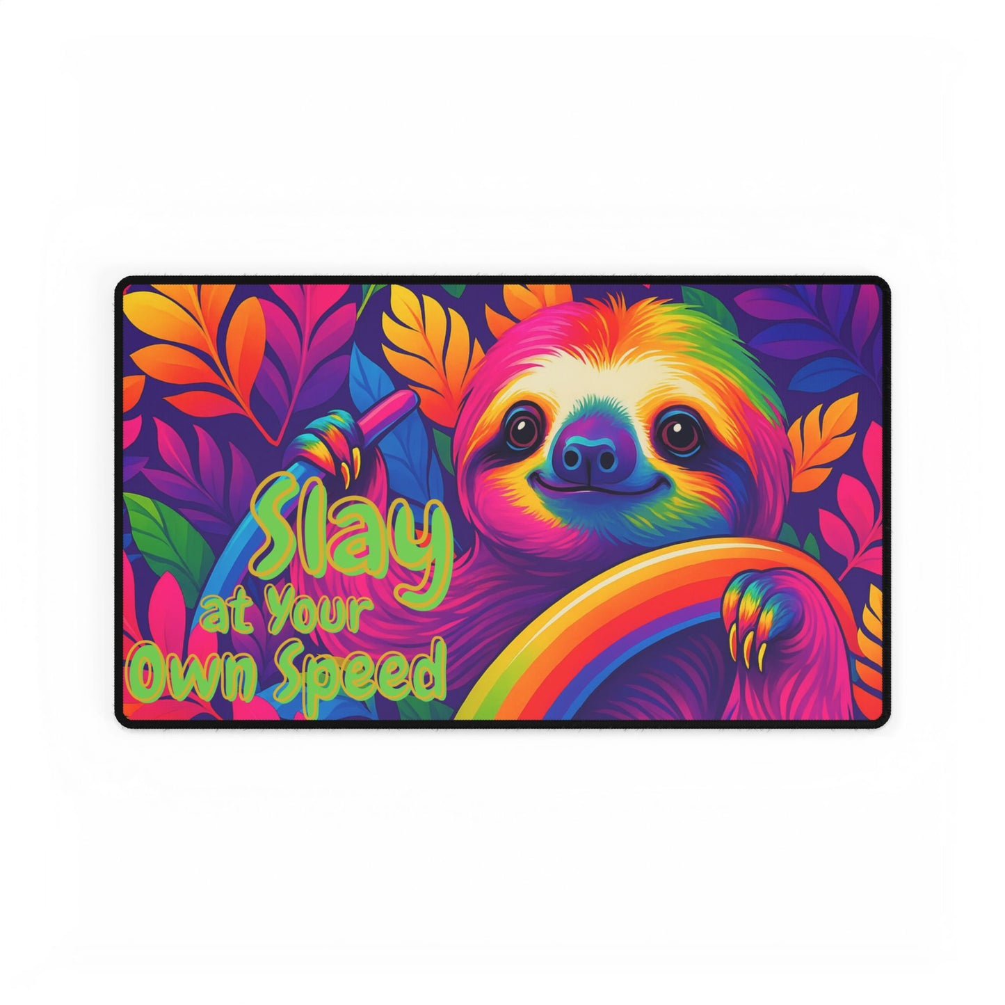 Slay At Your Own Speed Sloth Desk Mat | Lisa Frank Style Rainbow Desk Pad | 90s Aesthetic Mouse Mat | Anti-Slip Neoprene