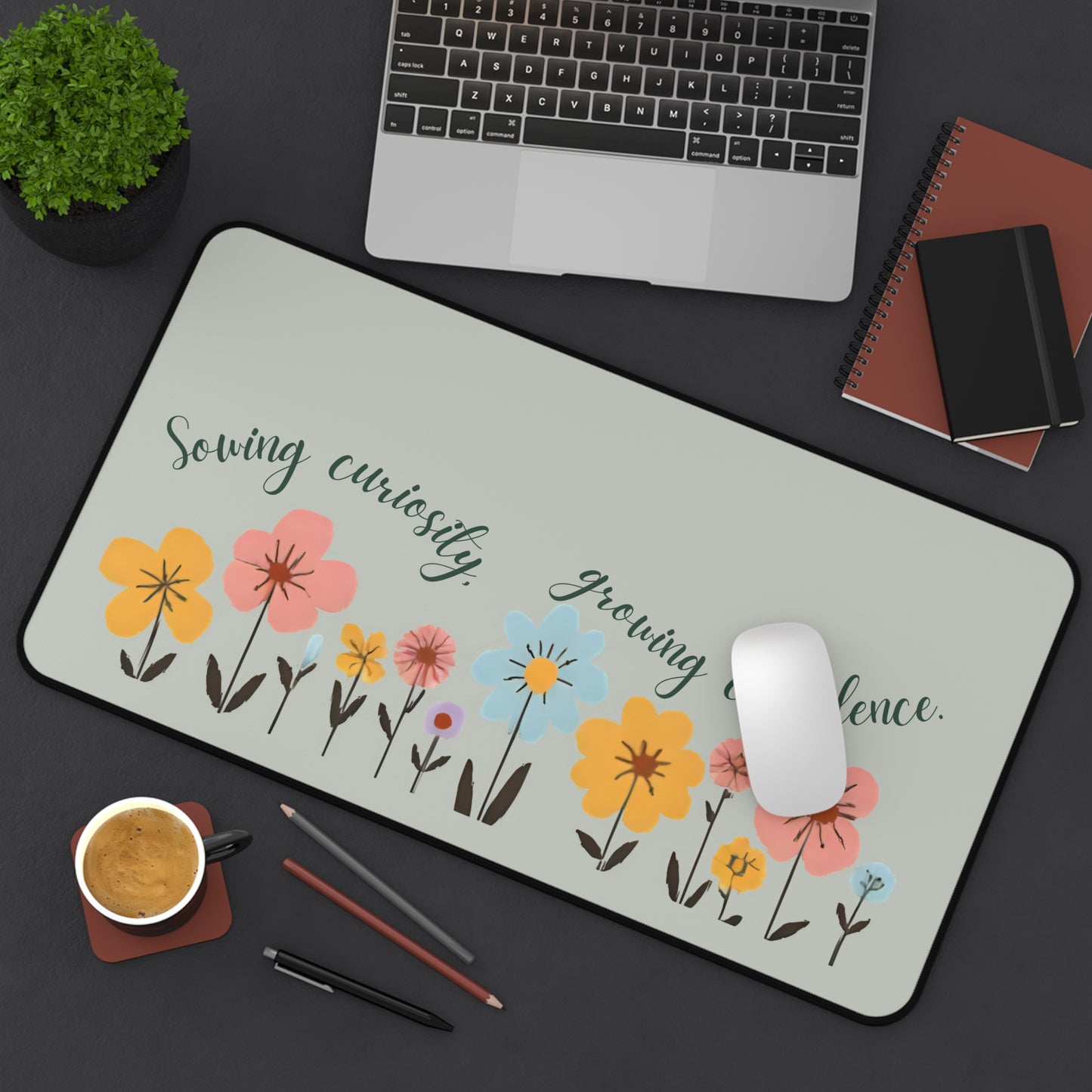 "Sowing Curiosity, Growing Confidence" Teacher Desk Mat | Boho Floral Classroom Decor | Large Desk Pad for Educators