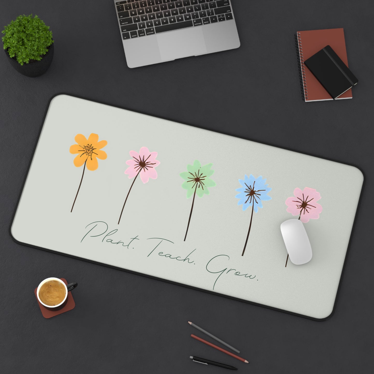 Plant Teach Grow Neoprene Desk Mat | Pastel Floral Teacher Gift | Anti-Slip Desk Pad |