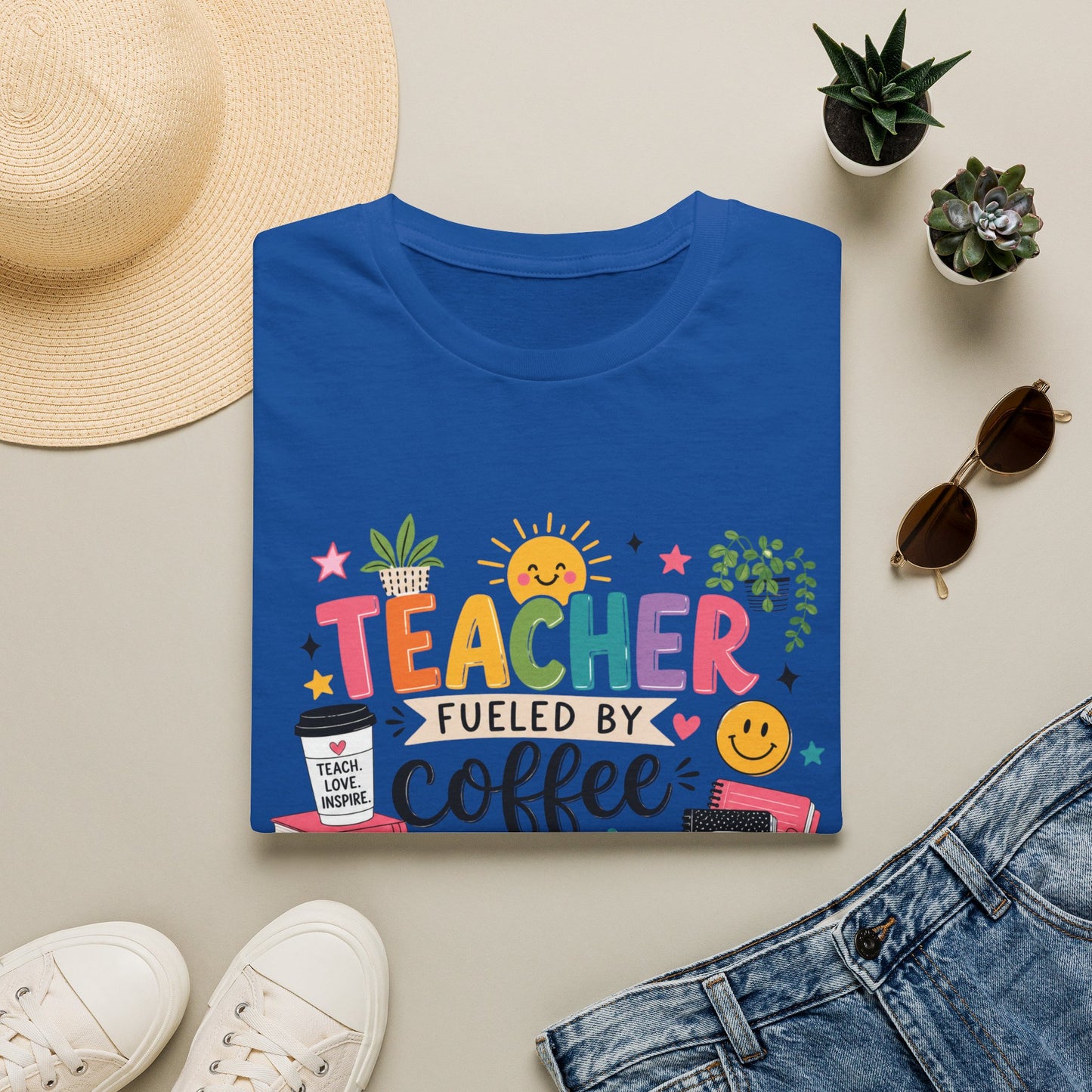 Teacher Fueled by Coffee Curiosity & Classroom Magic Shirt — Colorful Graphic Teacher Tee | EveryGen