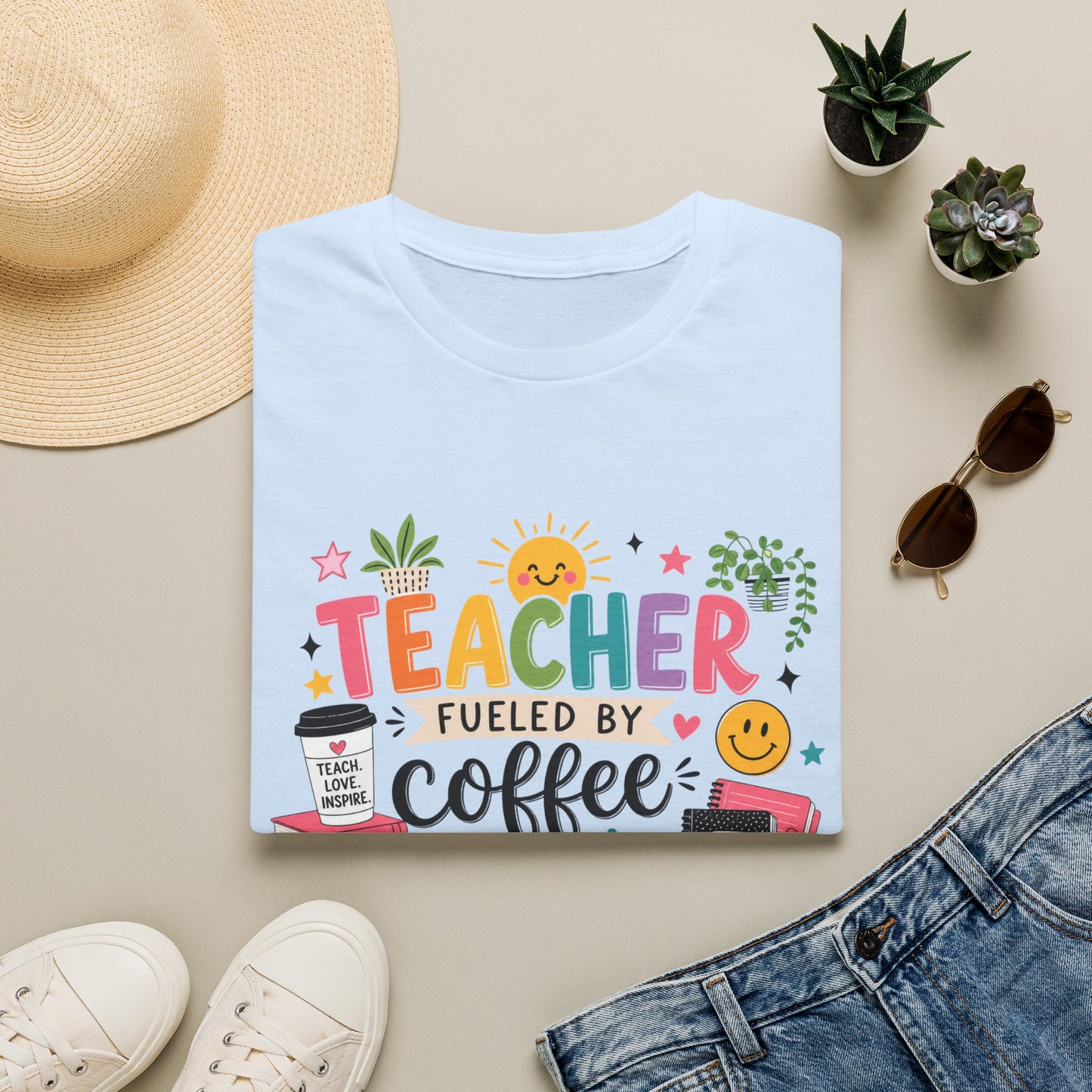 Teacher Fueled by Coffee Curiosity & Classroom Magic Shirt — Colorful Graphic Teacher Tee | EveryGen