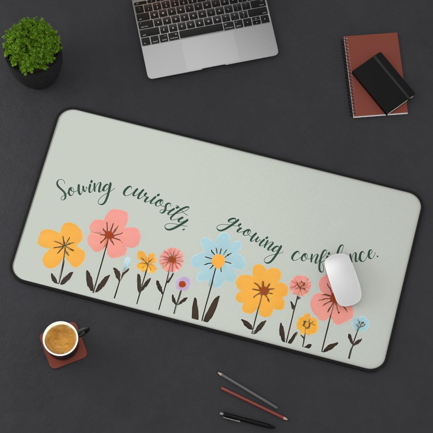 "Sowing Curiosity, Growing Confidence" Teacher Desk Mat | Boho Floral Classroom Decor | Large Desk Pad for Educators