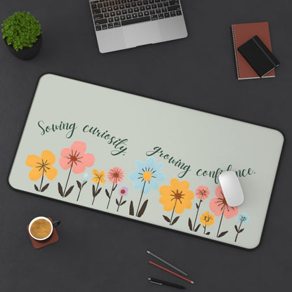 "Sowing Curiosity, Growing Confidence" Teacher Desk Mat | Boho Floral Classroom Decor | Large Desk Pad for Educators