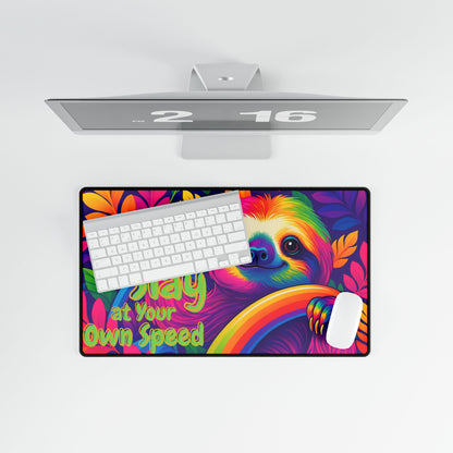 Slay At Your Own Speed Sloth Desk Mat | Lisa Frank Style Rainbow Desk Pad | 90s Aesthetic Mouse Mat | Anti-Slip Neoprene