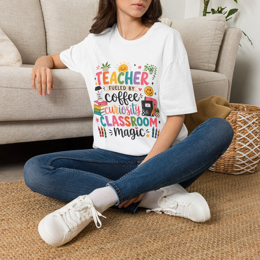 Teacher Fueled by Coffee Curiosity & Classroom Magic Shirt — Colorful Graphic Teacher Tee | EveryGen