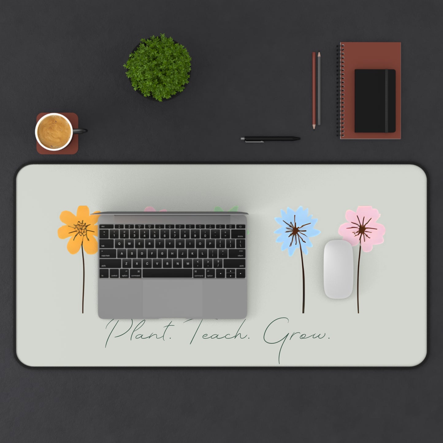Plant Teach Grow Neoprene Desk Mat | Pastel Floral Teacher Gift | Anti-Slip Desk Pad |