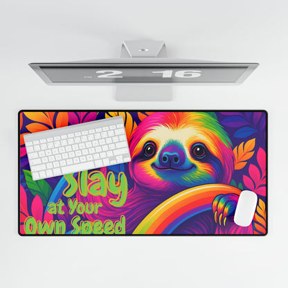 Slay At Your Own Speed Sloth Desk Mat | Lisa Frank Style Rainbow Desk Pad | 90s Aesthetic Mouse Mat | Anti-Slip Neoprene