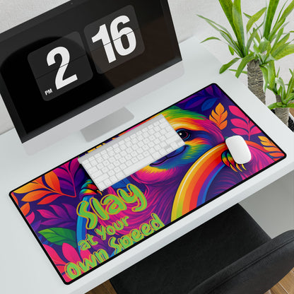 Slay At Your Own Speed Sloth Desk Mat | Lisa Frank Style Rainbow Desk Pad | 90s Aesthetic Mouse Mat | Anti-Slip Neoprene