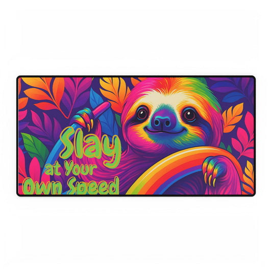 Slay At Your Own Speed Sloth Desk Mat | Lisa Frank Style Rainbow Desk Pad | 90s Aesthetic Mouse Mat | Anti-Slip Neoprene